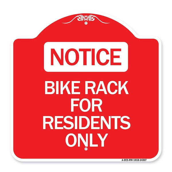 Designer Series Bike Rack for Residents Only, Red & White Aluminum Sign, 18" x 18", RW-1818-24307